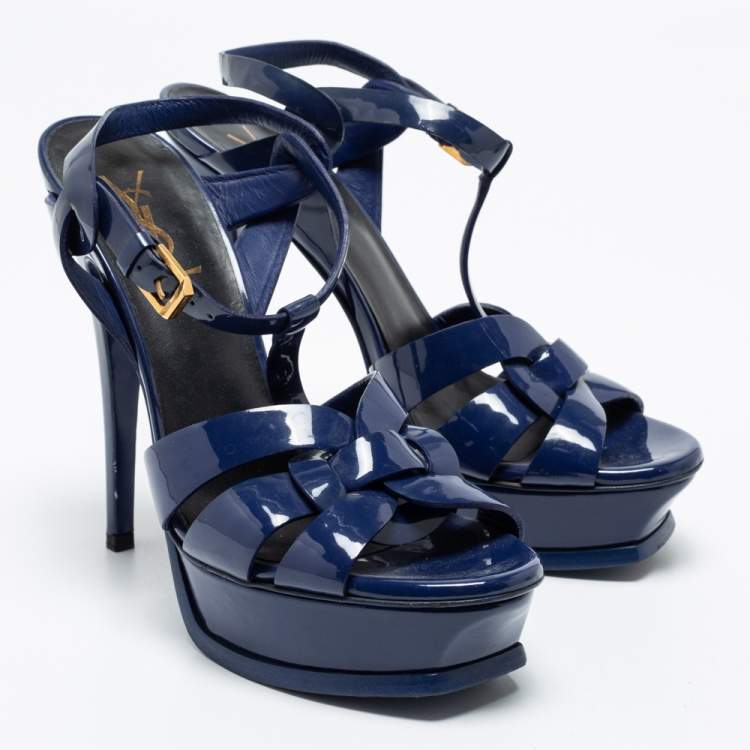 Pre Owned Yves Saint Laurent Blue Patent Leather Tribute Platform Sandals Size 38