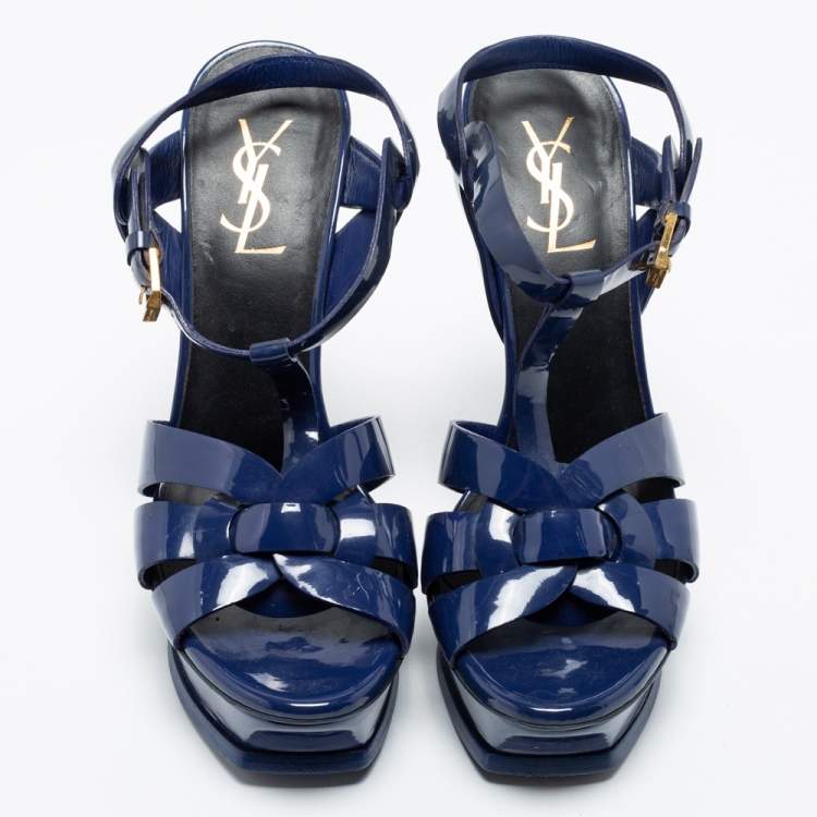 Pre Owned Yves Saint Laurent Blue Patent Leather Tribute Platform Sandals Size 38