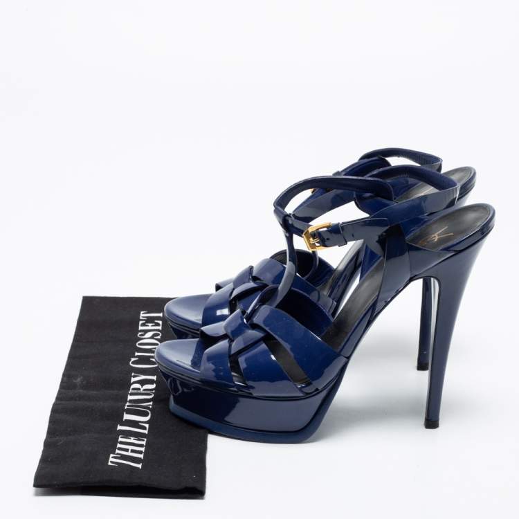 Pre Owned Yves Saint Laurent Blue Patent Leather Tribute Platform Sandals Size 38