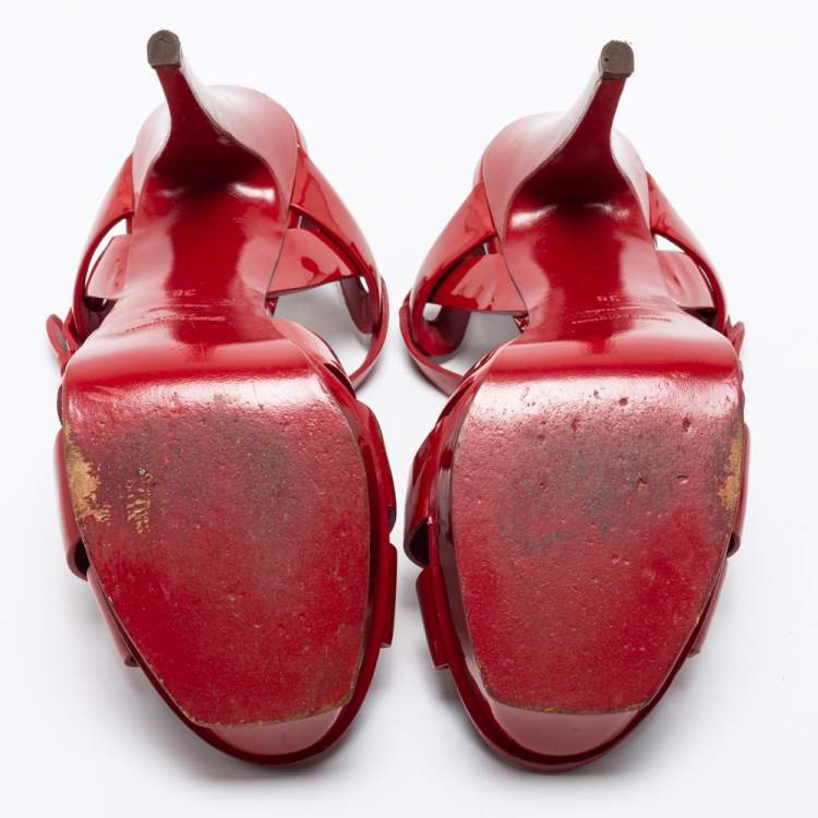Pre Owned Yves Saint Laurent Red Patent Leather Tribute Sandals Size 38