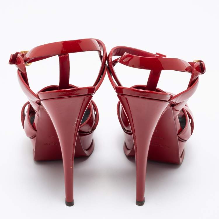 Pre Owned Yves Saint Laurent Red Patent Leather Tribute Sandals Size 38
