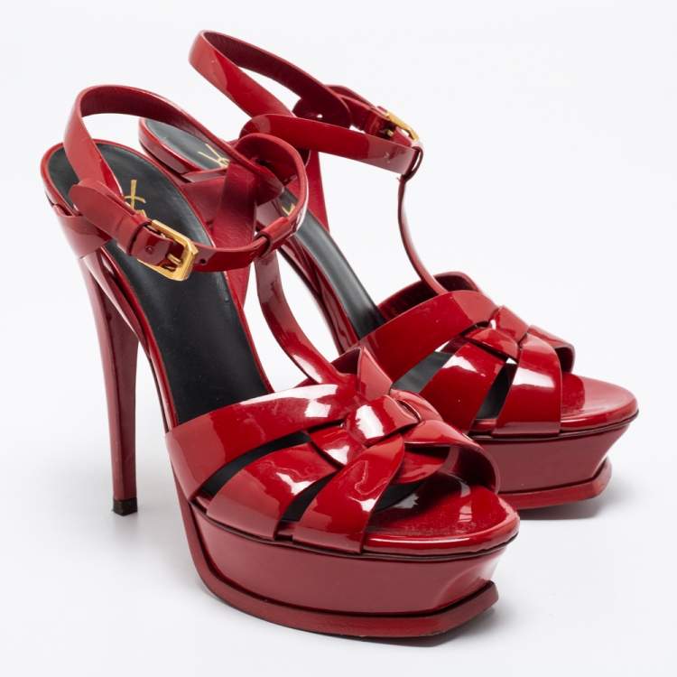 Pre Owned Yves Saint Laurent Red Patent Leather Tribute Sandals Size 38