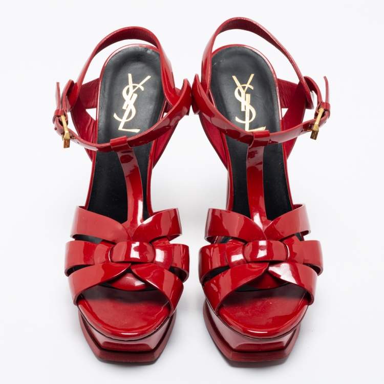 Pre Owned Yves Saint Laurent Red Patent Leather Tribute Sandals Size 38