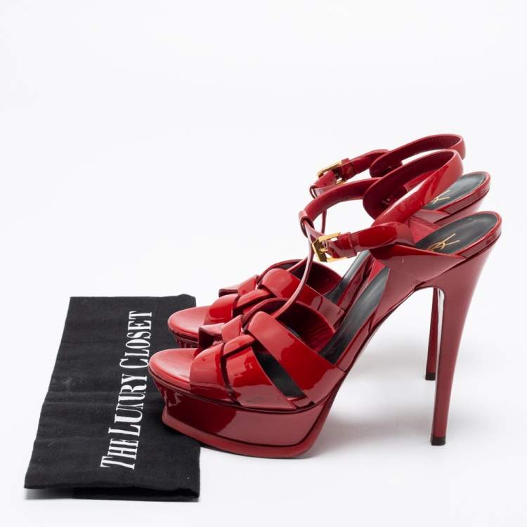 Pre Owned Yves Saint Laurent Red Patent Leather Tribute Sandals Size 38