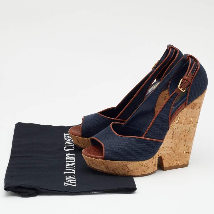 Pre Owned Yves Saint Laurent Navy Blue/Brown Canvas And Leather Deuville Cork Platform Wedge Sandals Size 39