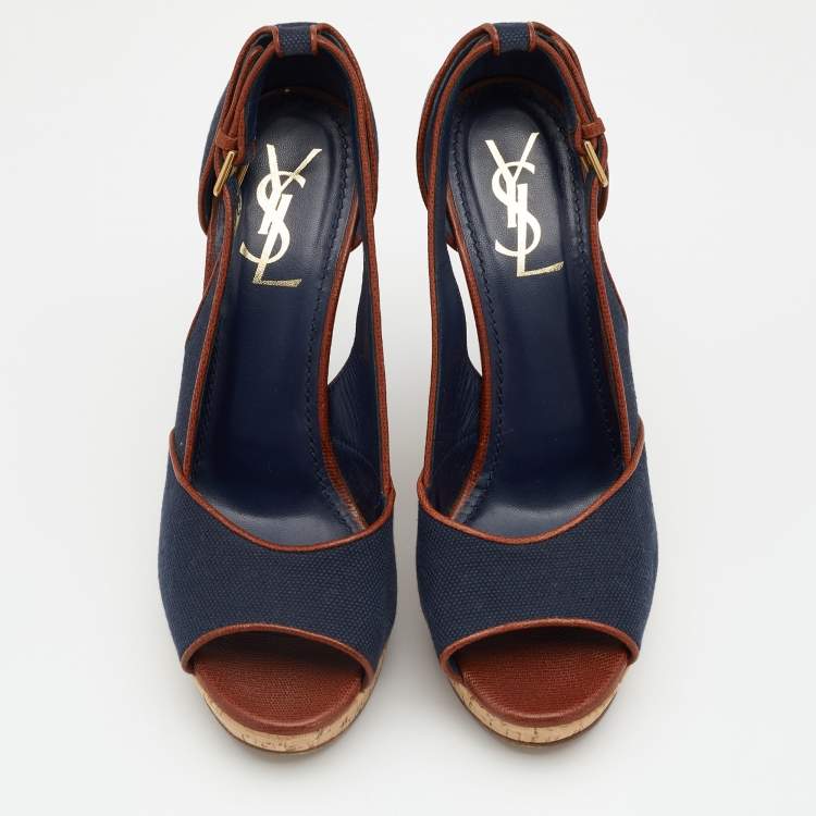 Pre Owned Yves Saint Laurent Navy Blue/Brown Canvas And Leather Deuville Cork Platform Wedge Sandals Size 39