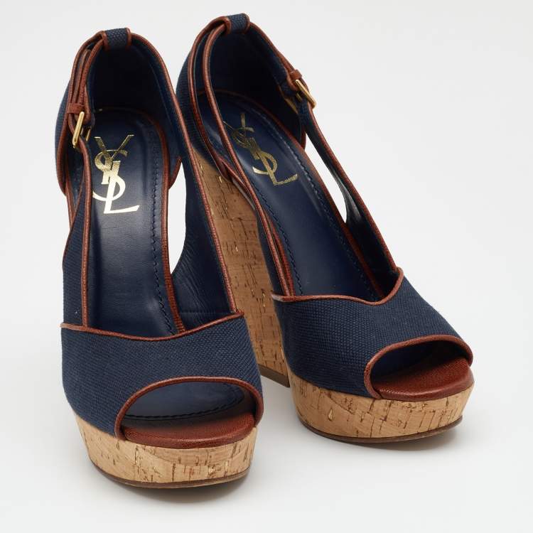 Pre Owned Yves Saint Laurent Navy Blue/Brown Canvas And Leather Deuville Cork Platform Wedge Sandals Size 39