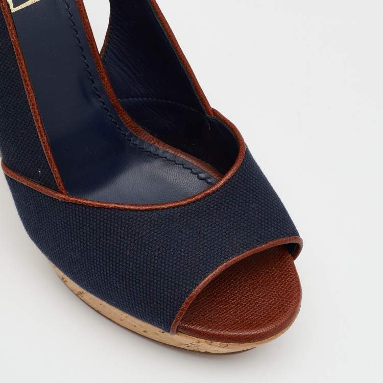 Pre Owned Yves Saint Laurent Navy Blue/Brown Canvas And Leather Deuville Cork Platform Wedge Sandals Size 39