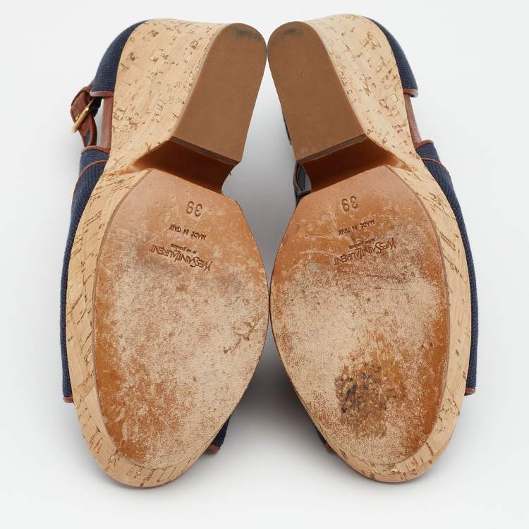 Pre Owned Yves Saint Laurent Navy Blue/Brown Canvas And Leather Deuville Cork Platform Wedge Sandals Size 39