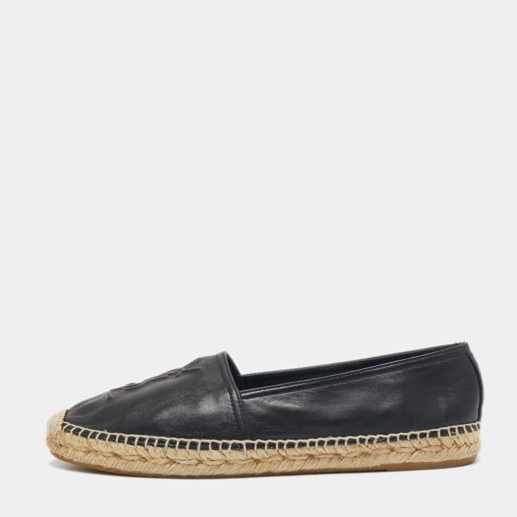 Pre Owned Saint Laurent Black Leather Logo Embossed Espadrille Flats Size 37.5