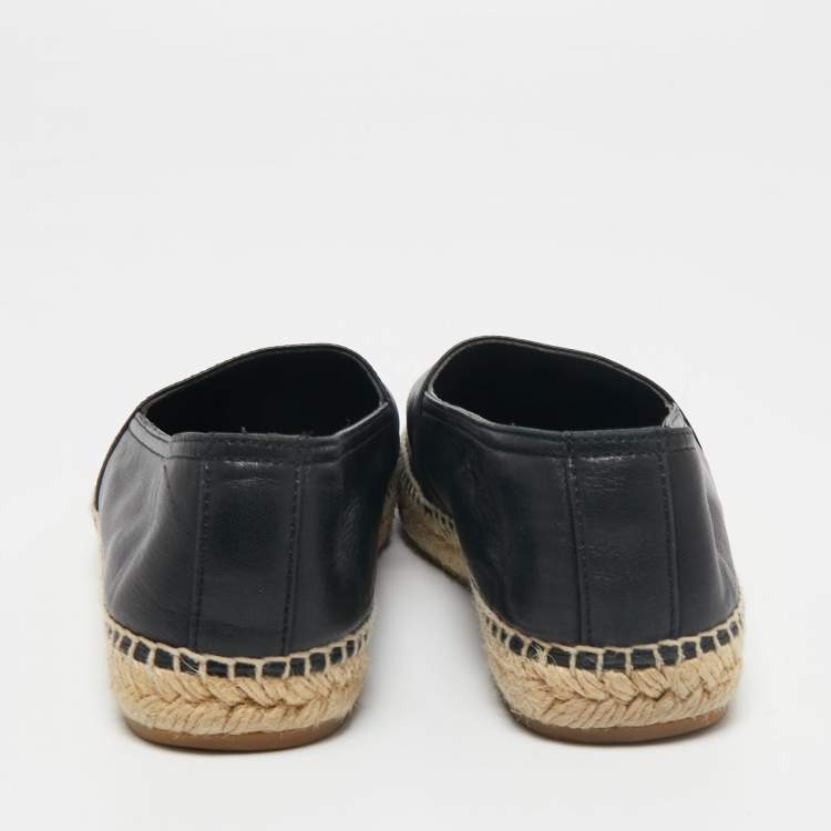 Pre Owned Saint Laurent Black Leather Logo Embossed Espadrille Flats Size 37.5