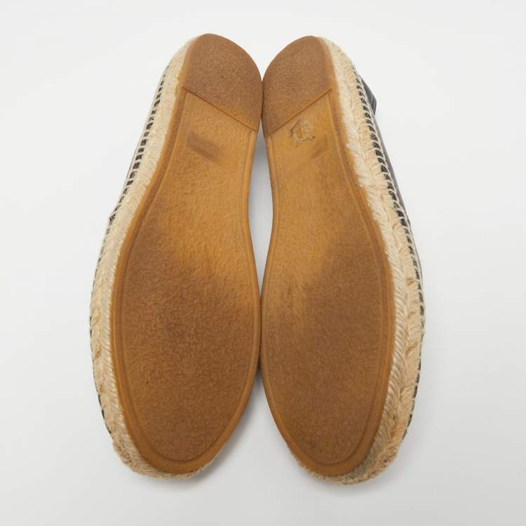 Pre Owned Saint Laurent Black Leather Logo Embossed Espadrille Flats Size 37.5
