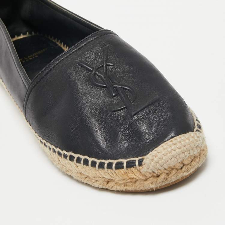 Pre Owned Saint Laurent Black Leather Logo Embossed Espadrille Flats Size 37.5
