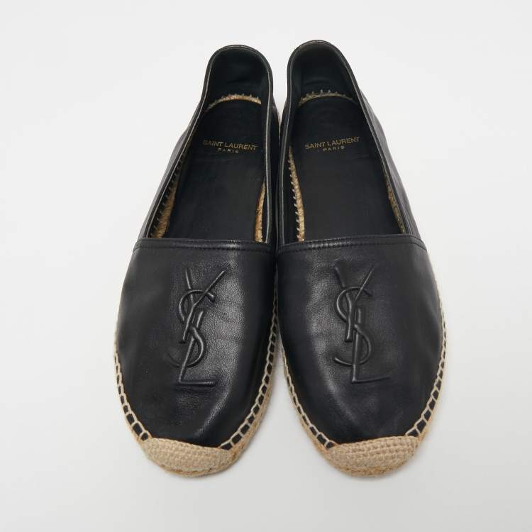 Pre Owned Saint Laurent Black Leather Logo Embossed Espadrille Flats Size 37.5