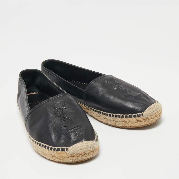 Pre Owned Saint Laurent Black Leather Logo Embossed Espadrille Flats Size 37.5