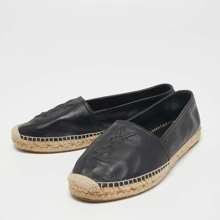 Pre Owned Saint Laurent Black Leather Logo Embossed Espadrille Flats Size 37.5