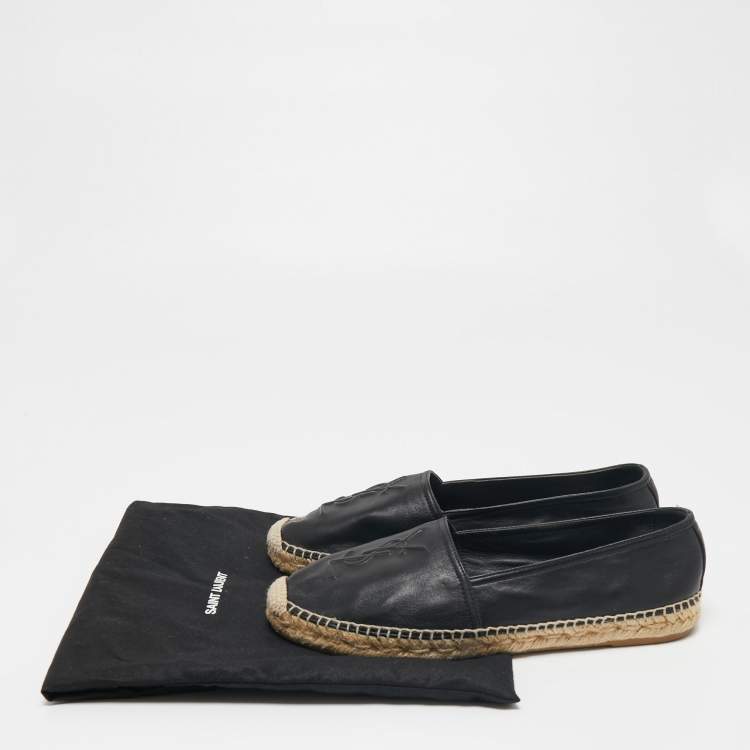Pre Owned Saint Laurent Black Leather Logo Embossed Espadrille Flats Size 37.5