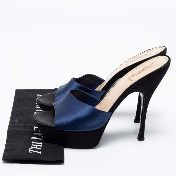 Pre Owned Yves Saint Laurent Navy Blue Satin Platform Slide Sandals Size 40.5