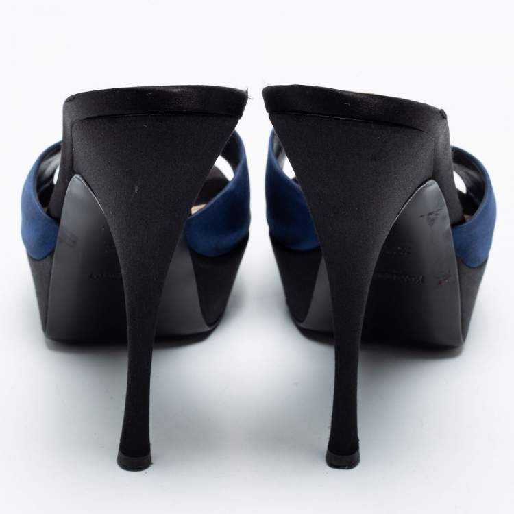 Pre Owned Yves Saint Laurent Navy Blue Satin Platform Slide Sandals Size 40.5