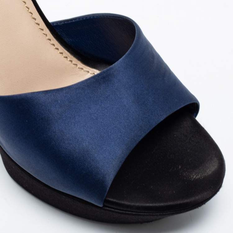 Pre Owned Yves Saint Laurent Navy Blue Satin Platform Slide Sandals Size 40.5