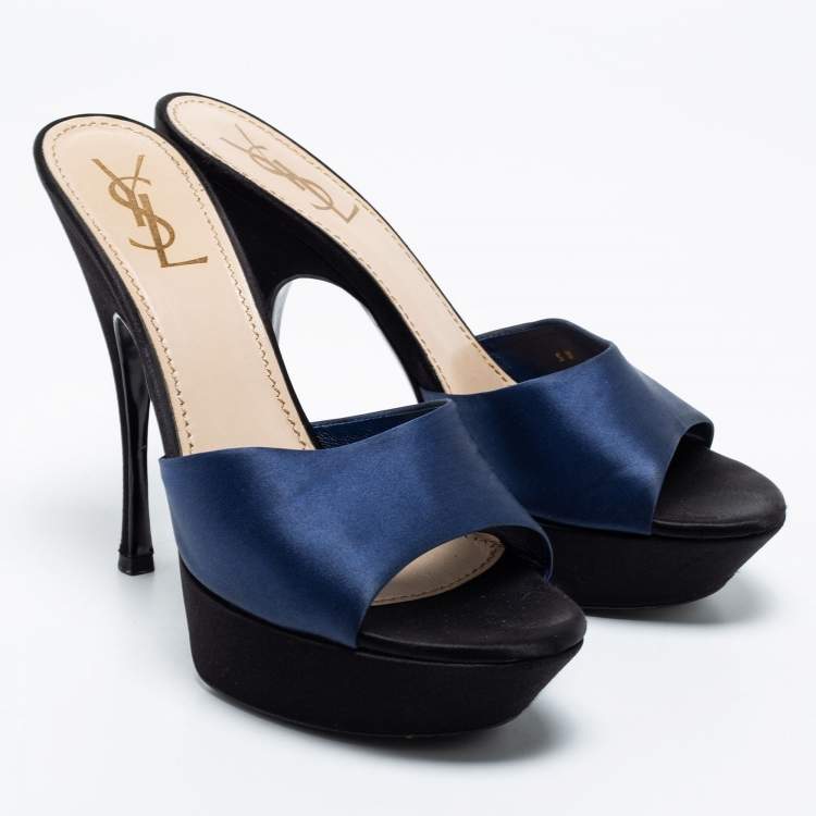 Pre Owned Yves Saint Laurent Navy Blue Satin Platform Slide Sandals Size 40.5