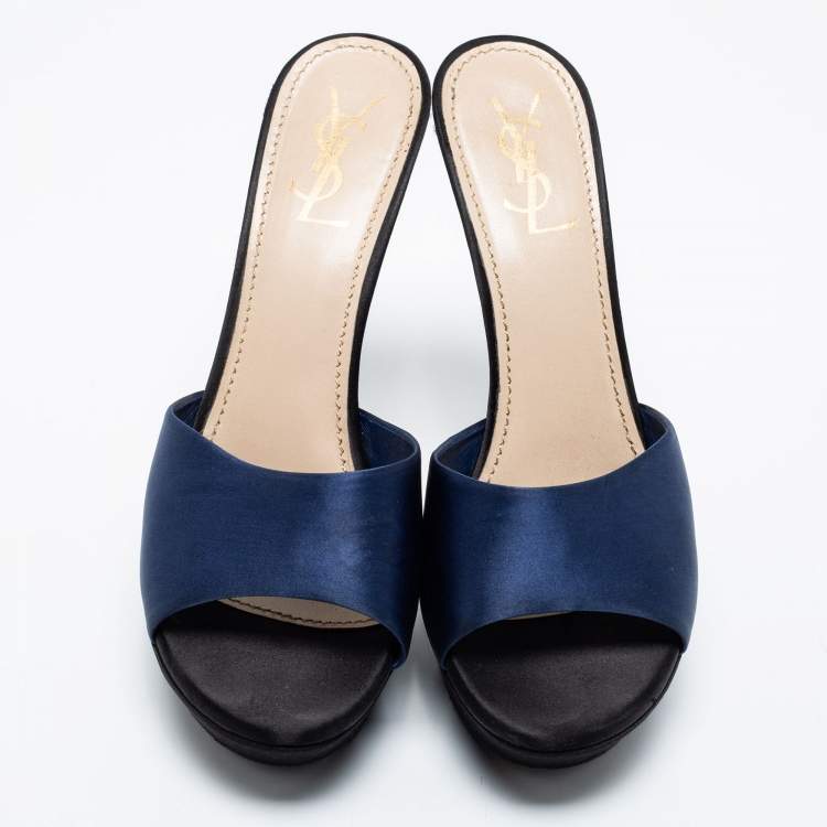 Pre Owned Yves Saint Laurent Navy Blue Satin Platform Slide Sandals Size 40.5