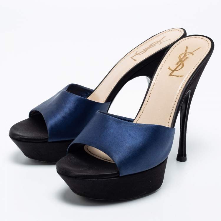 Pre Owned Yves Saint Laurent Navy Blue Satin Platform Slide Sandals Size 40.5