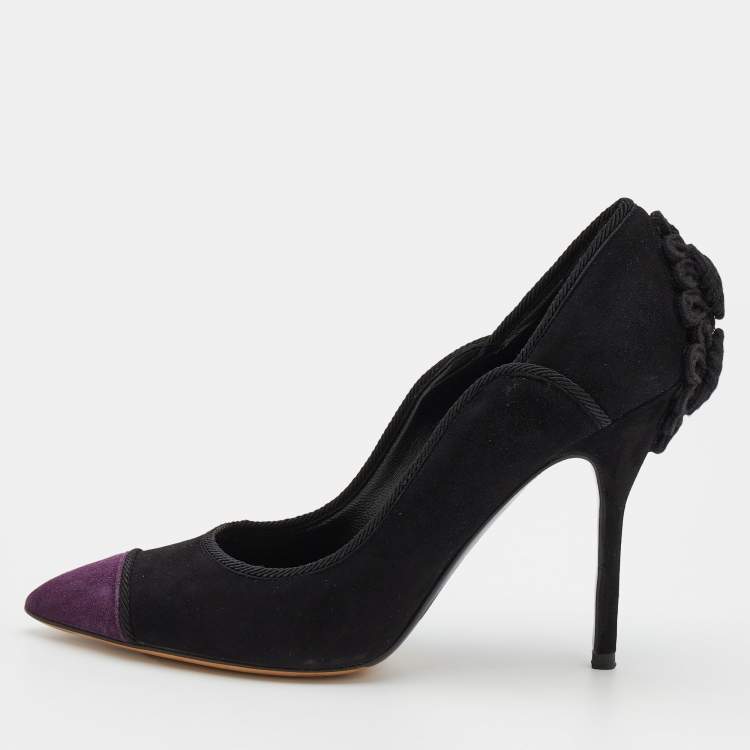 Pre Owned Yves Saint Laurent Black/Purple Suede and Fabric Pointed Toe Pumps Size 39