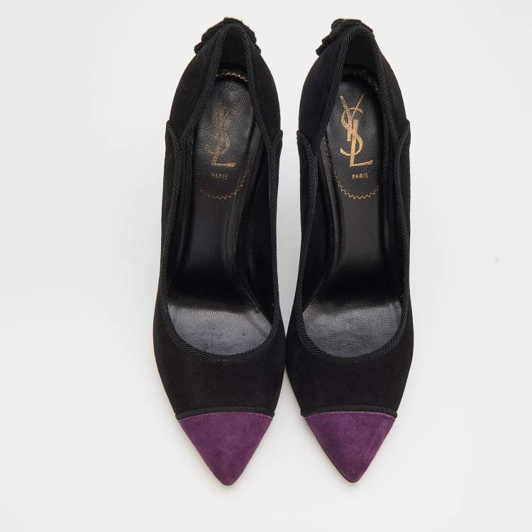 Pre Owned Yves Saint Laurent Black/Purple Suede and Fabric Pointed Toe Pumps Size 39