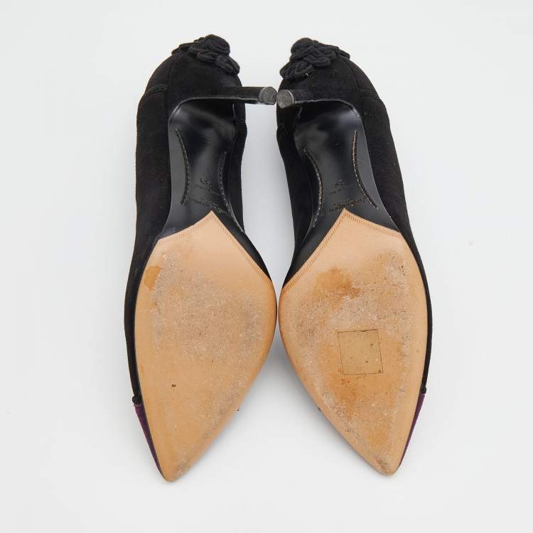 Pre Owned Yves Saint Laurent Black/Purple Suede and Fabric Pointed Toe Pumps Size 39