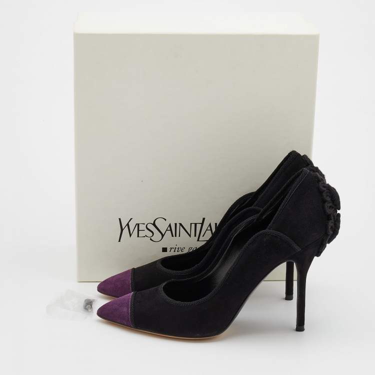 Pre Owned Yves Saint Laurent Black/Purple Suede and Fabric Pointed Toe Pumps Size 39