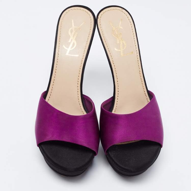 Pre Owned Yves Saint Laurent Purple/Black Satin Platform Slide Sandals Size 37.5