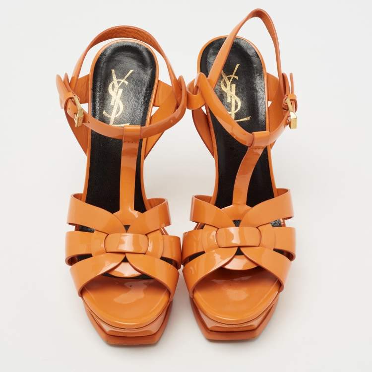 Pre Owned Yves Saint Laurent Orange Patent Leather Tribute Platform Sandals Size 37.5