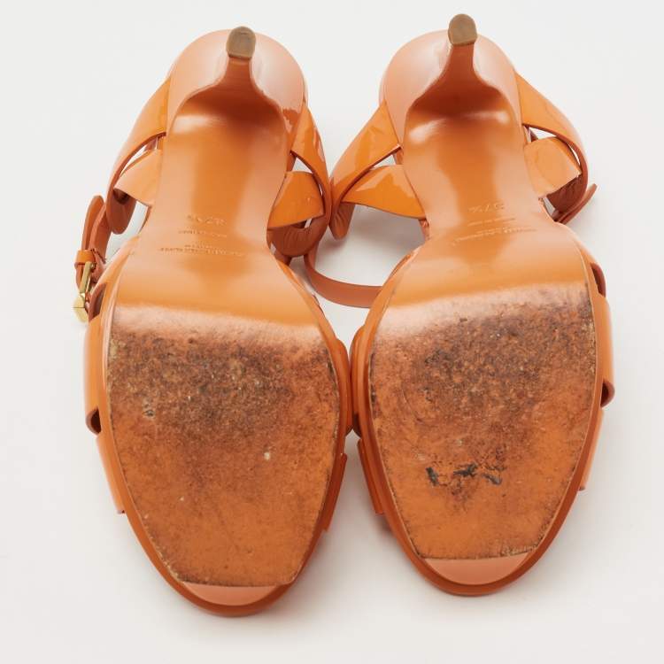 Pre Owned Yves Saint Laurent Orange Patent Leather Tribute Platform Sandals Size 37.5