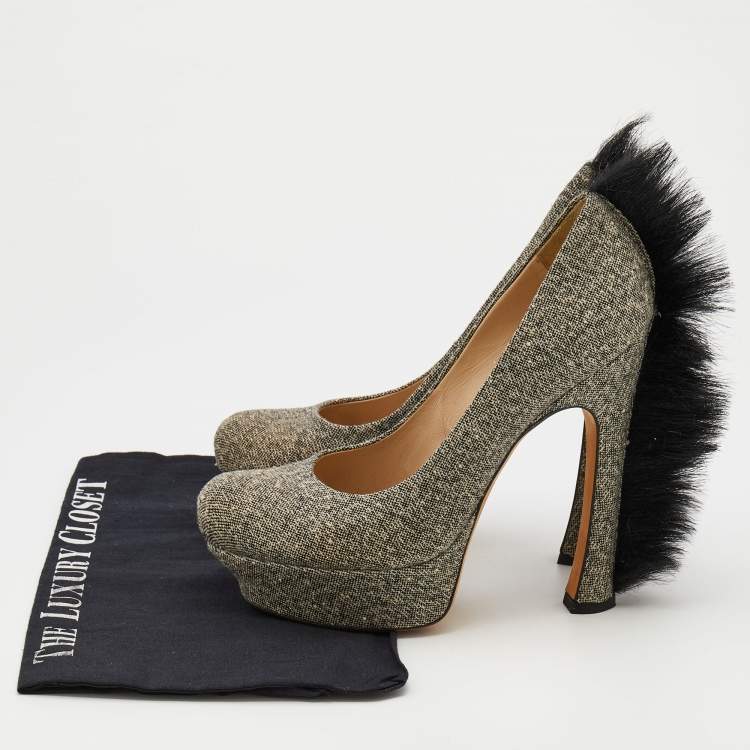 Pre Owned Yves Saint Laurent Black/Grey Canvas Mohawk Palais Platform Pumps Size 39