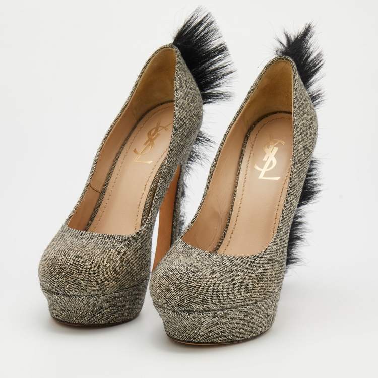 Pre Owned Yves Saint Laurent Black/Grey Canvas Mohawk Palais Platform Pumps Size 39