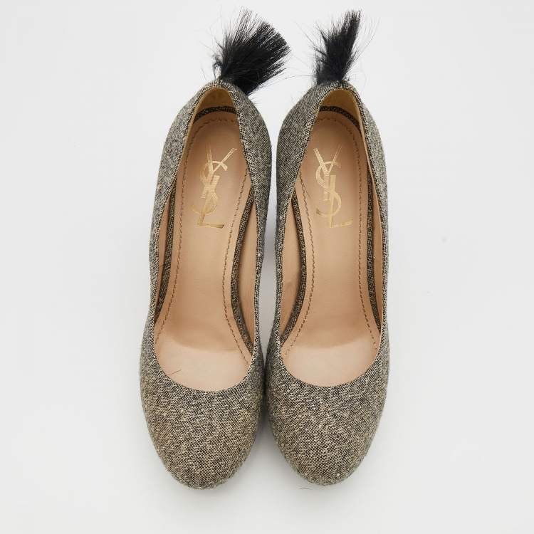Pre Owned Yves Saint Laurent Black/Grey Canvas Mohawk Palais Platform Pumps Size 39