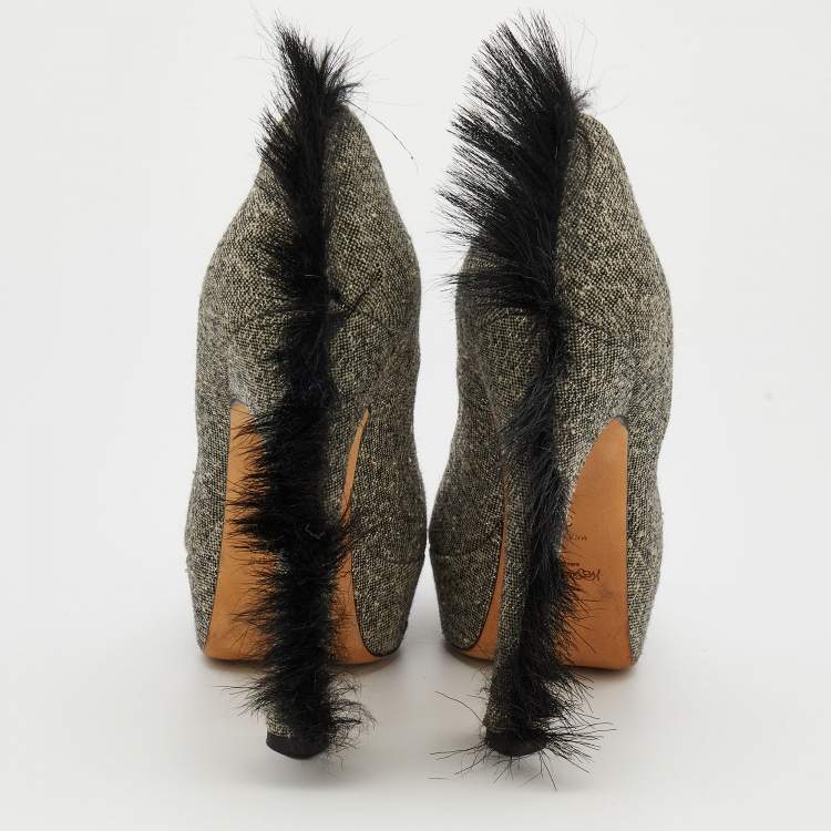 Pre Owned Yves Saint Laurent Black/Grey Canvas Mohawk Palais Platform Pumps Size 39