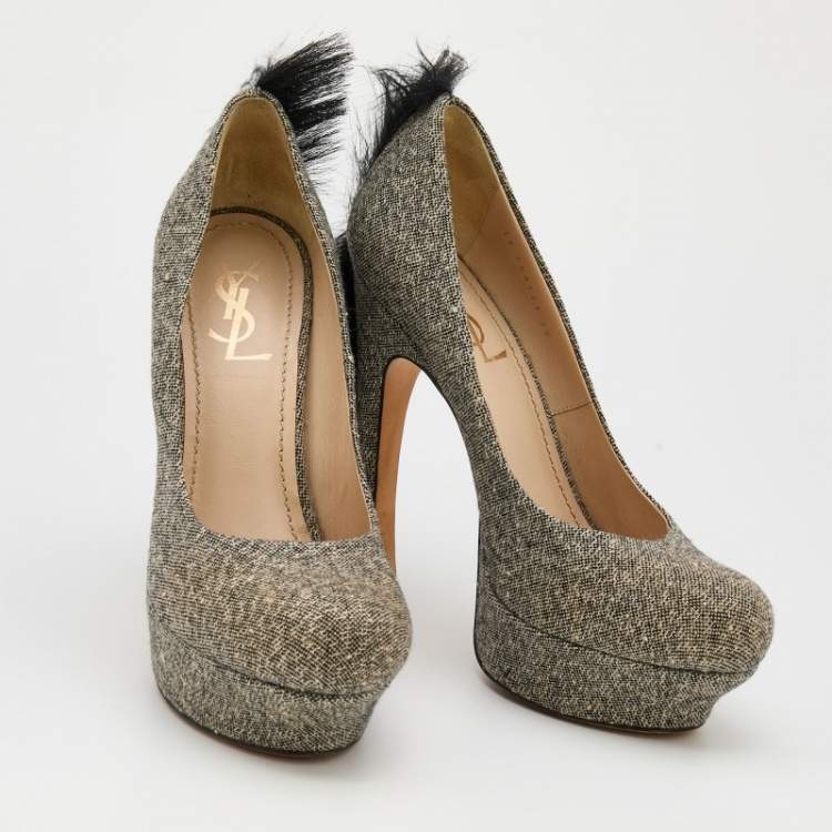 Pre Owned Yves Saint Laurent Black/Grey Canvas Mohawk Palais Platform Pumps Size 39