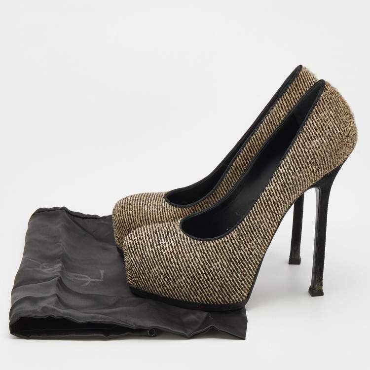 Pre Owned Yves Saint Laurent Black/White Pony Hair Tribtoo Platform Pumps Size 38