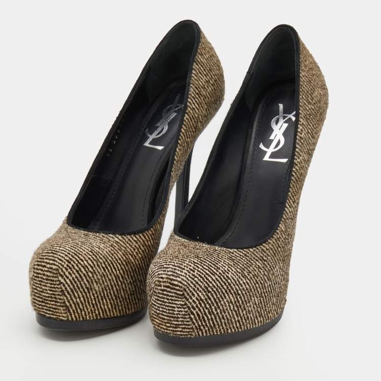 Pre Owned Yves Saint Laurent Black/White Pony Hair Tribtoo Platform Pumps Size 38