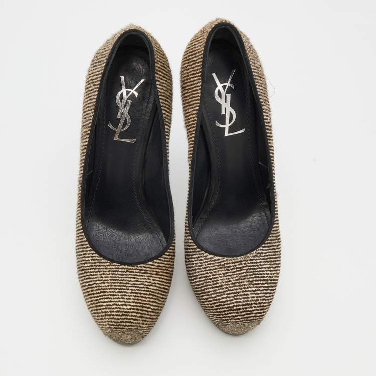 Pre Owned Yves Saint Laurent Black/White Pony Hair Tribtoo Platform Pumps Size 38