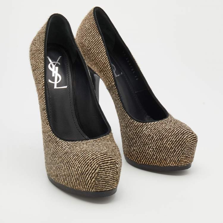 Pre Owned Yves Saint Laurent Black/White Pony Hair Tribtoo Platform Pumps Size 38