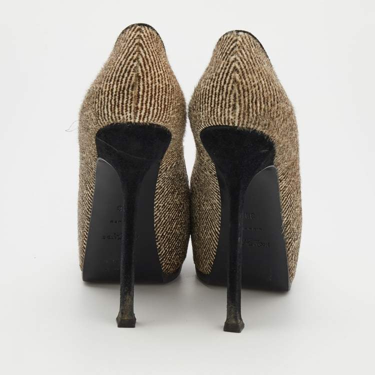 Pre Owned Yves Saint Laurent Black/White Pony Hair Tribtoo Platform Pumps Size 38