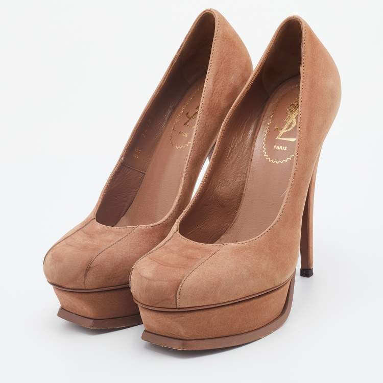 Pre Owned Yves Saint Laurent Brown Nubuck Leather Tribtoo Platform Pumps Size 38