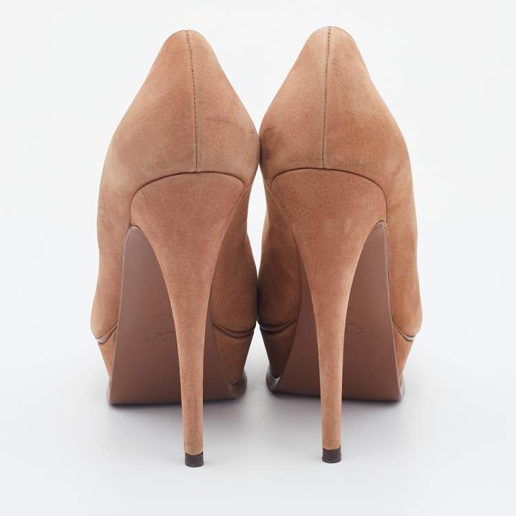 Pre Owned Yves Saint Laurent Brown Nubuck Leather Tribtoo Platform Pumps Size 38