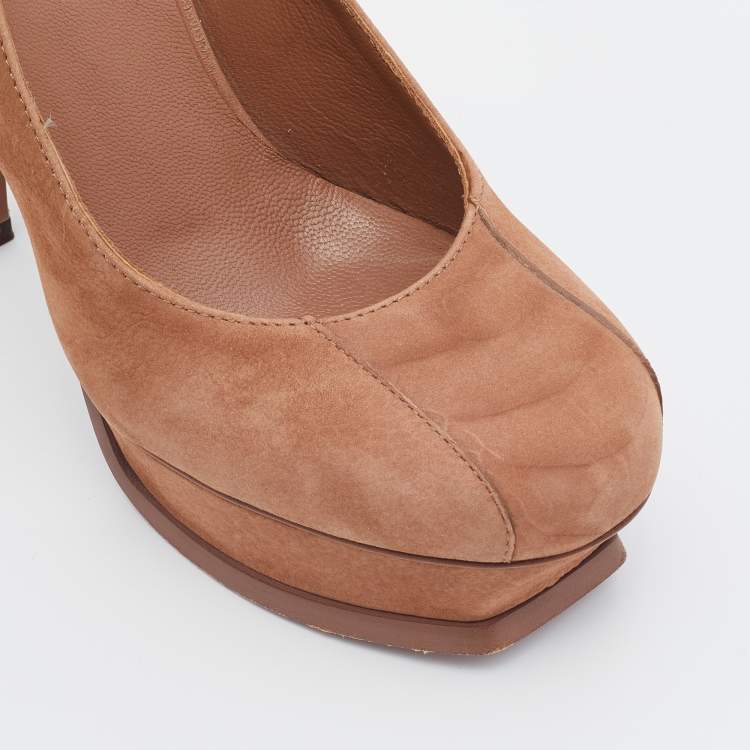 Pre Owned Yves Saint Laurent Brown Nubuck Leather Tribtoo Platform Pumps Size 38