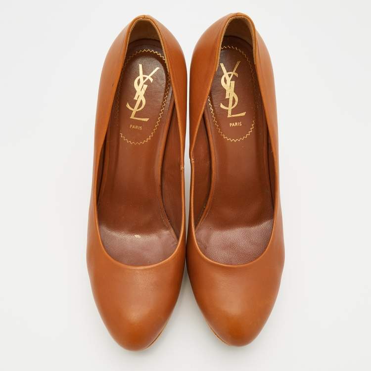 Pre Owned Yves Saint Laurent Brown Leather Wedge Platform Pumps Size 40.5