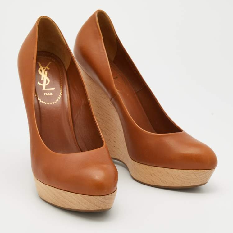 Pre Owned Yves Saint Laurent Brown Leather Wedge Platform Pumps Size 40.5