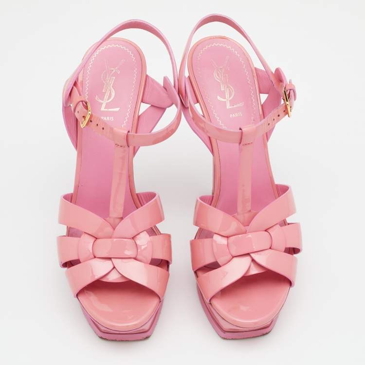 Pre Owned Yves Saint Laurent Pink Patent Leather Tribute Platform Sandals Size 39